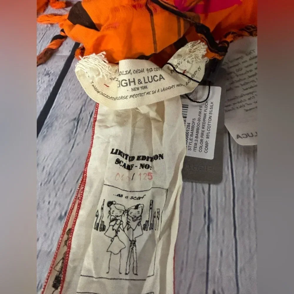 NWT Leigh & Luca Orange Pink Flocked Fine Cotton Hand Printed Tasseled Scarf